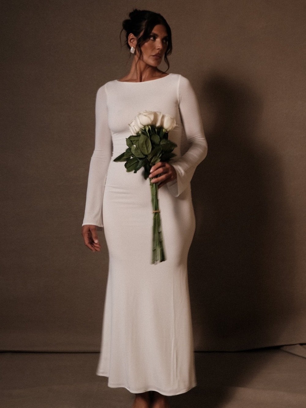 NWT Meshki Tarna Slinky Fishtail Long Sleeve Bridal Maxi Dress in Ivory